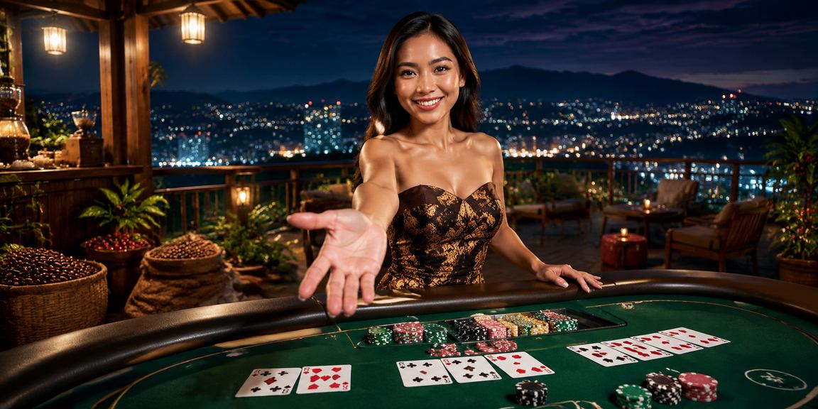 Seorang wanita menikmati taruhan baccarat dari ponsel di cafe dengan nuansa hangat