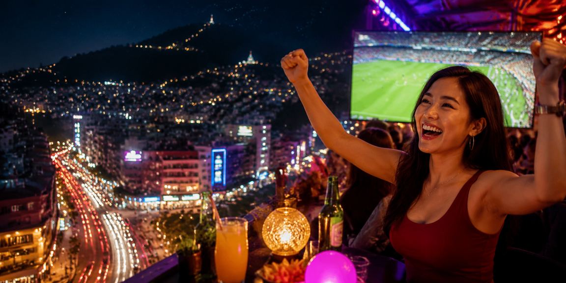 Suasana hiburan casino modern dengan lampu neon berwarna yang semarak